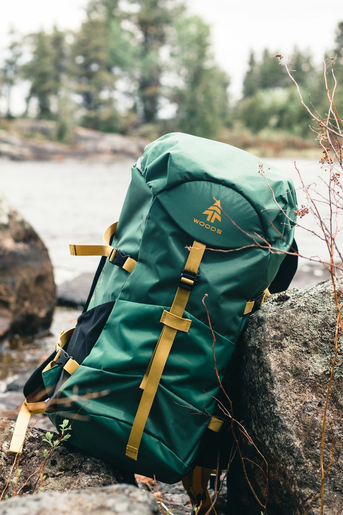 Outdoor backpack resting beside a lake